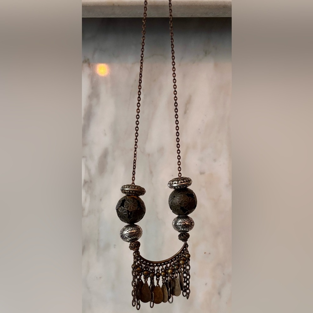 Antique-Style Floral Bead Drop Necklace in Dark Bronze and Silver
